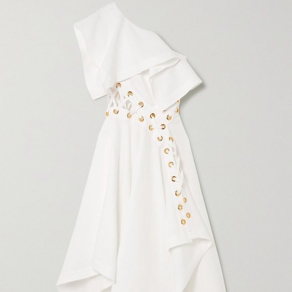 ALEXANDER MCQUEEN  One-shoulder eyelet-embellished ruffled linen-poplin dress - Picture 3 of 4